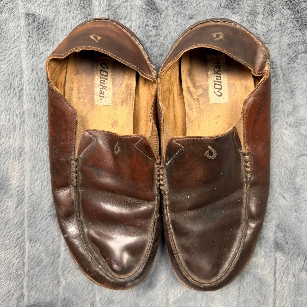 OluKai Moloa Mens Leather Loafers Dark Wood Brown Slip On Shoes 10128-2733 11.5